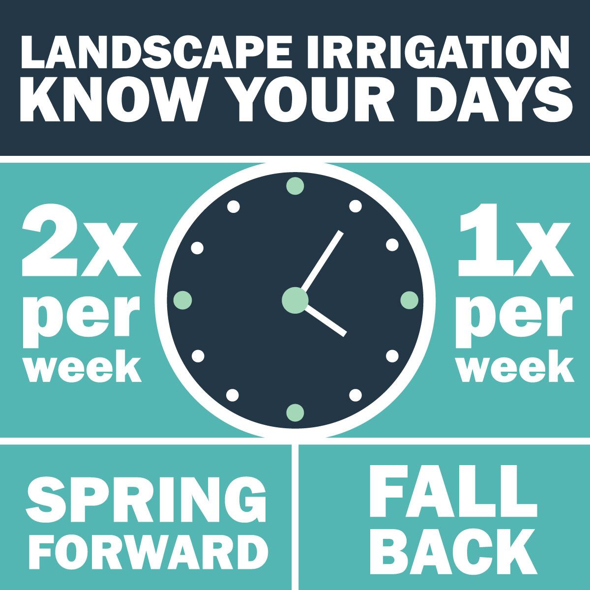 Irrigate your landscape twice per week when springing forward and once per week when falling back.