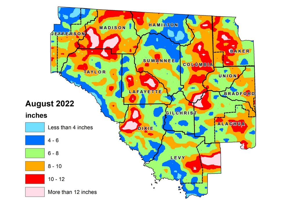 Map that shows rainfall amounts for August 2022