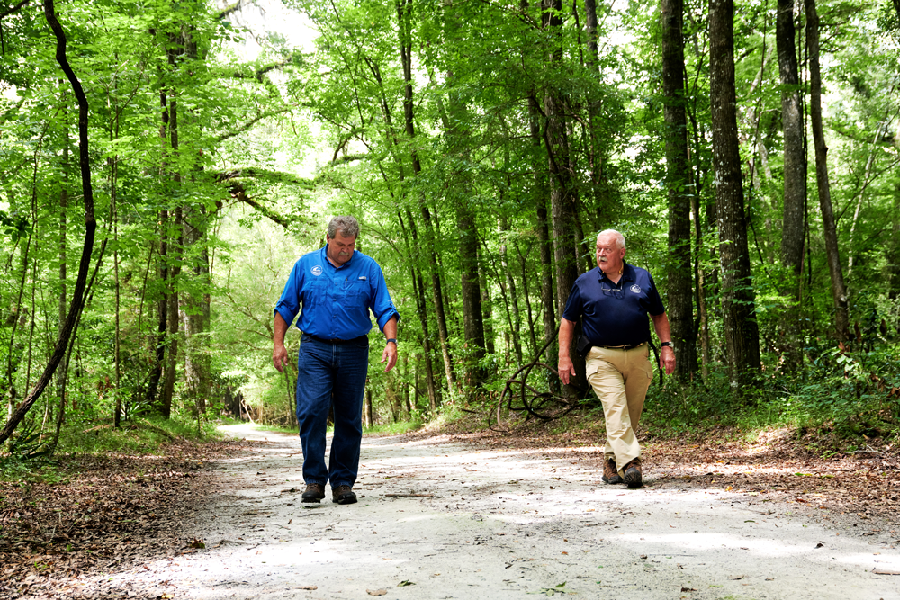 Two men walking a dirt trail with tall trees lining the sides